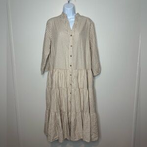 Iris Maxi The Label Gingham 3/4 Sleeve Dress in Beige Size 12 Womens
